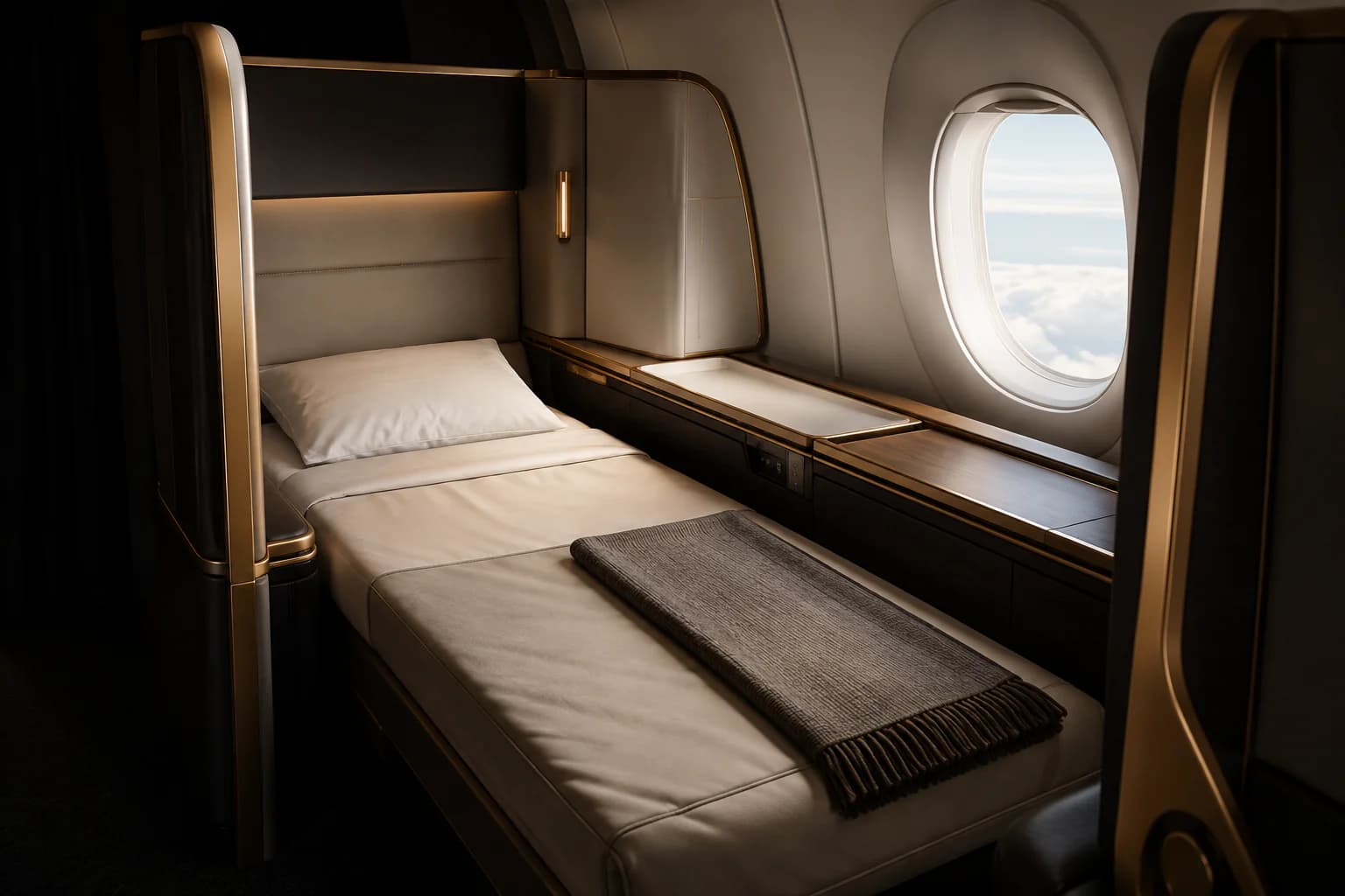 Lie-flat business-class suite in daylight