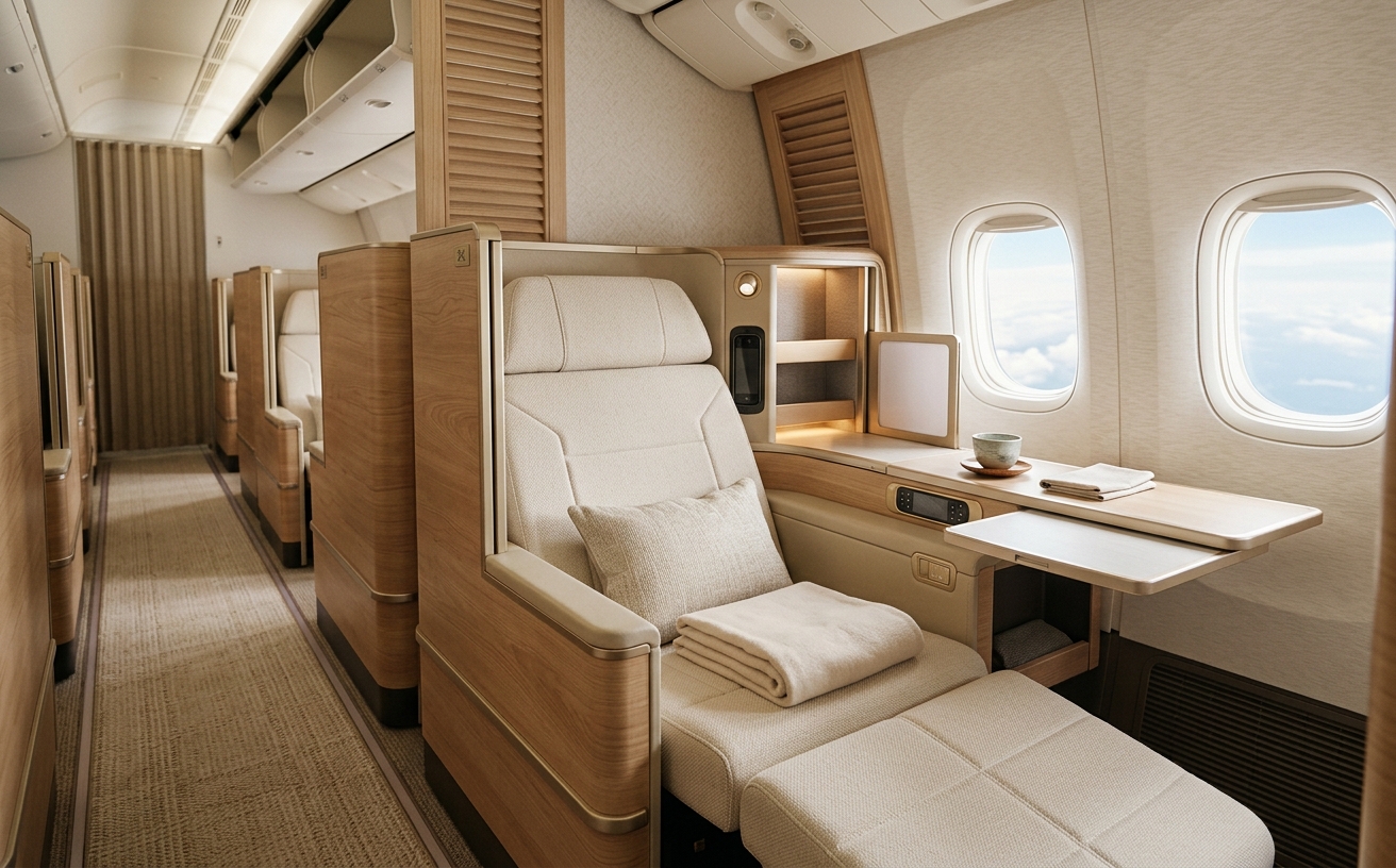 Refined Japanese-style premium airline cabin in soft warm light