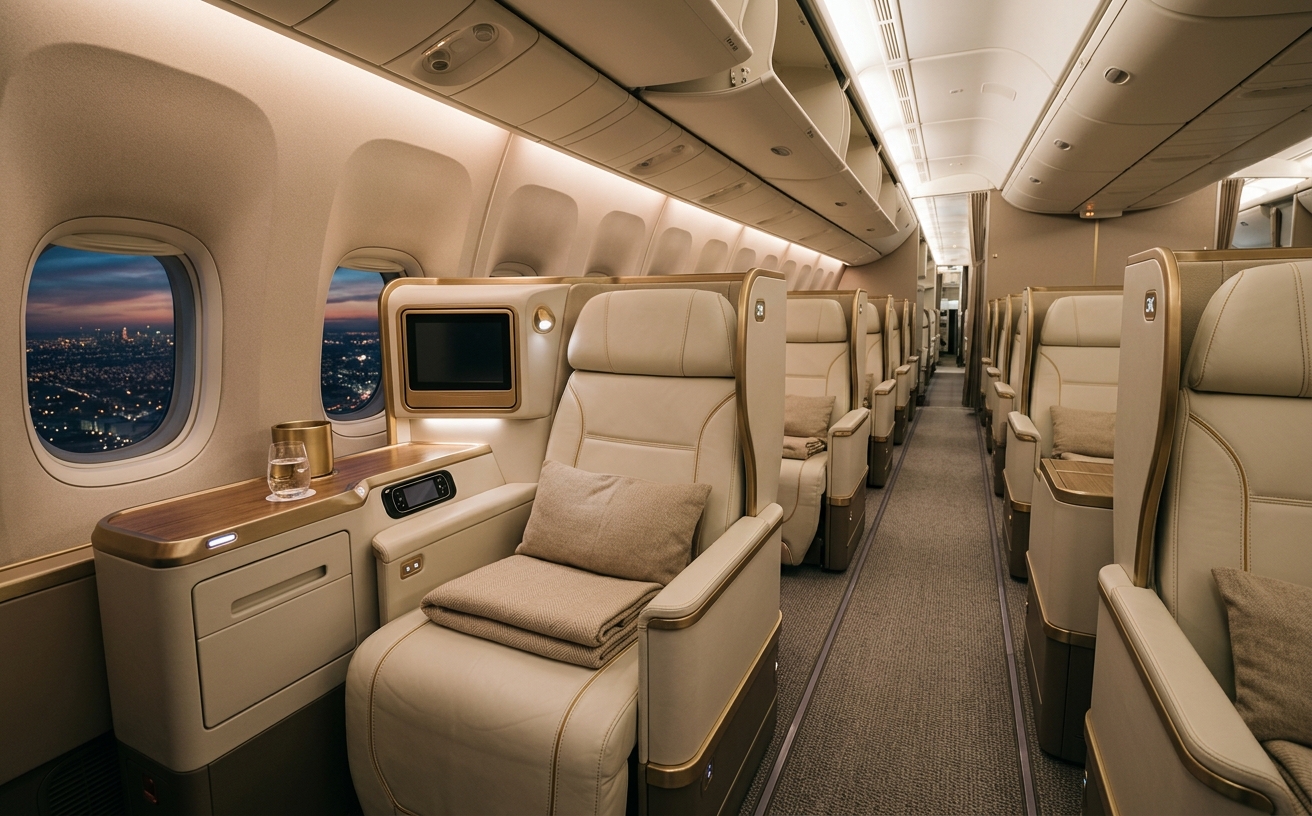 Transatlantic business-class cabin at dusk with warm cabin lighting